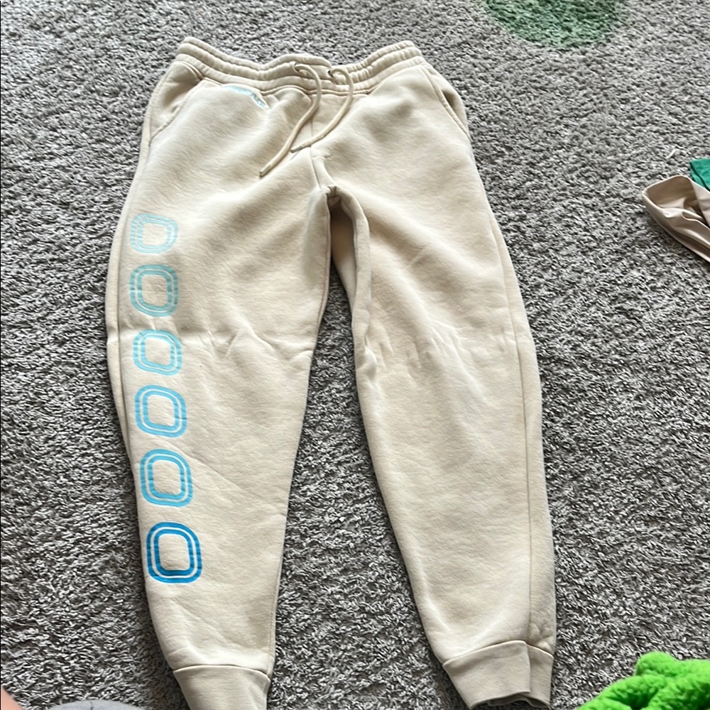 Cream and Blue Joggers with Elastic Waistband